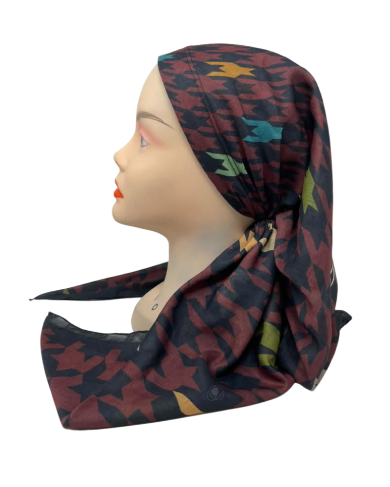 It's Younique Brown Multi Houndstooth Pre-Tied Open Back Bandanna with Velvet Grip