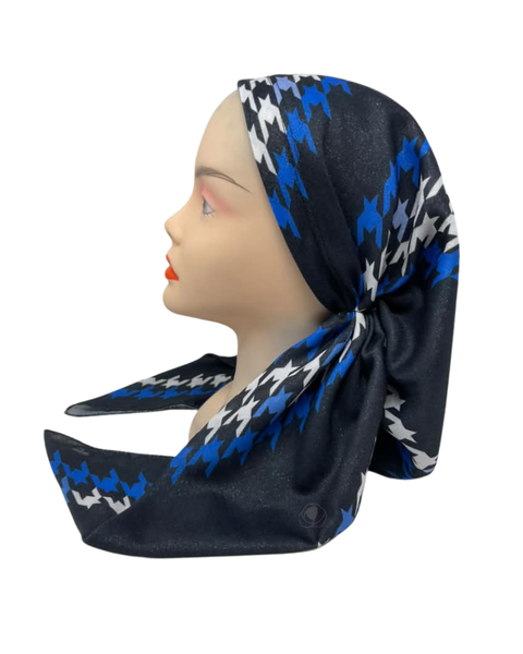 It's Younique Blue/White Houndstooth Shimmer Pre-Tied Open Back Bandanna with Velvet Grip