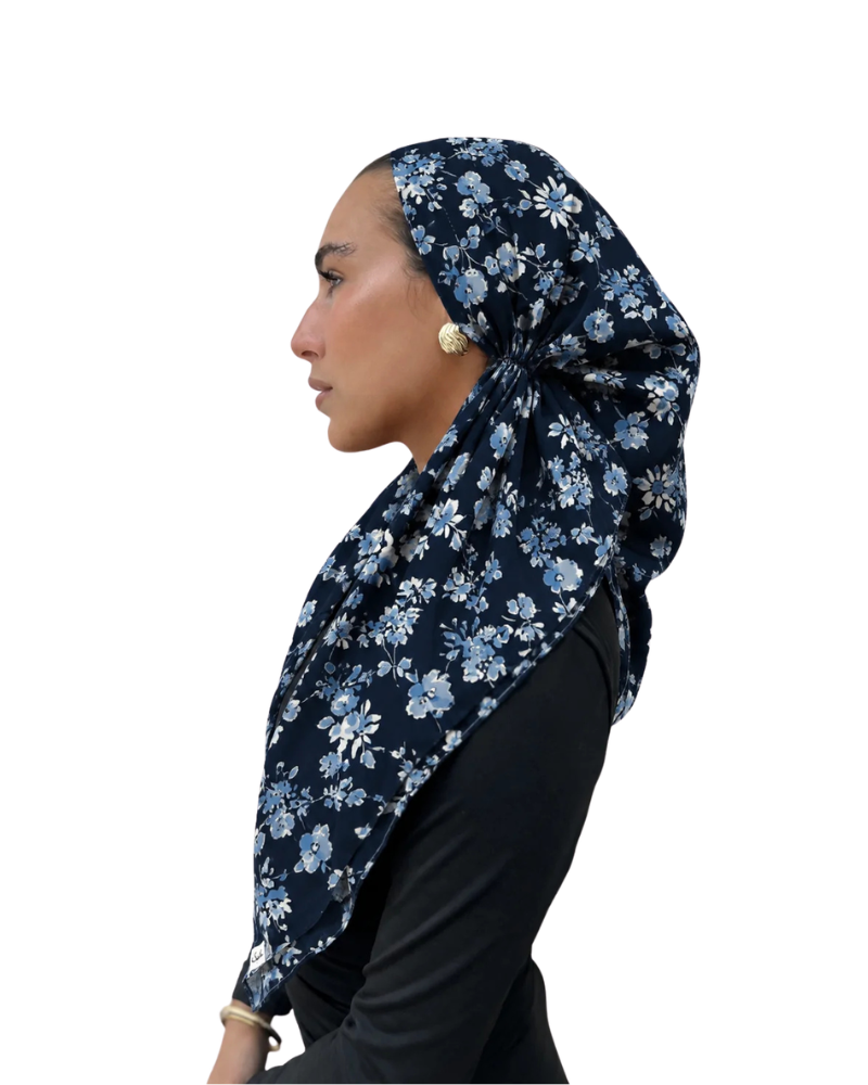 Scarf Bar Navy Blossom Open Back Adjustable Pre-Tied Bandanna with Velvet Grip