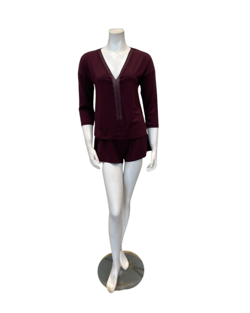 Oh! Zuza Maroon V Neck Lace Modal 3/4 Sleeve & Shorts Pajamas Set