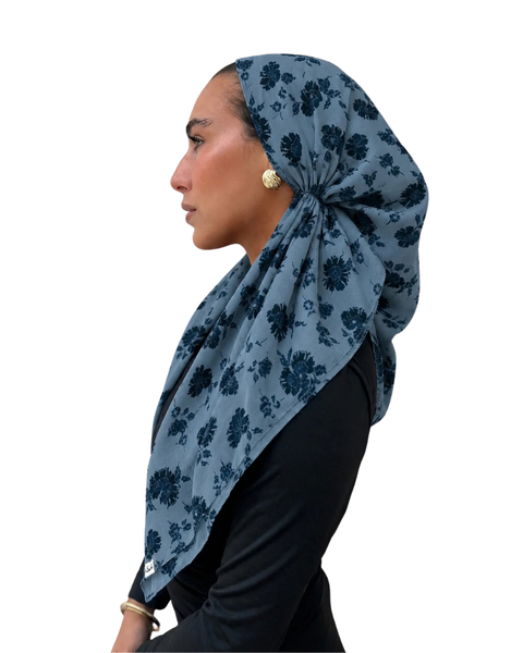 Scarf Bar Indigo Bloom Open Back Adjustable Pre-Tied Bandanna with Velvet Grip