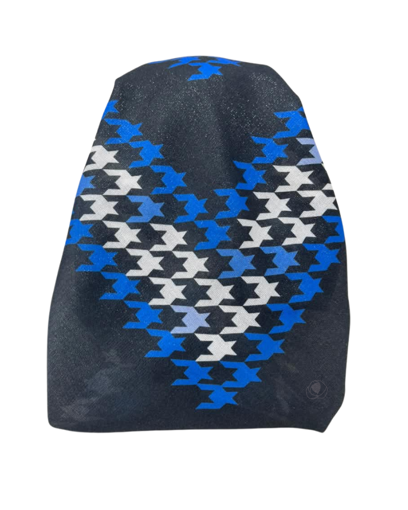 It's Younique Blue/White Houndstooth Shimmer Pre-Tied Open Back Bandanna with Velvet Grip