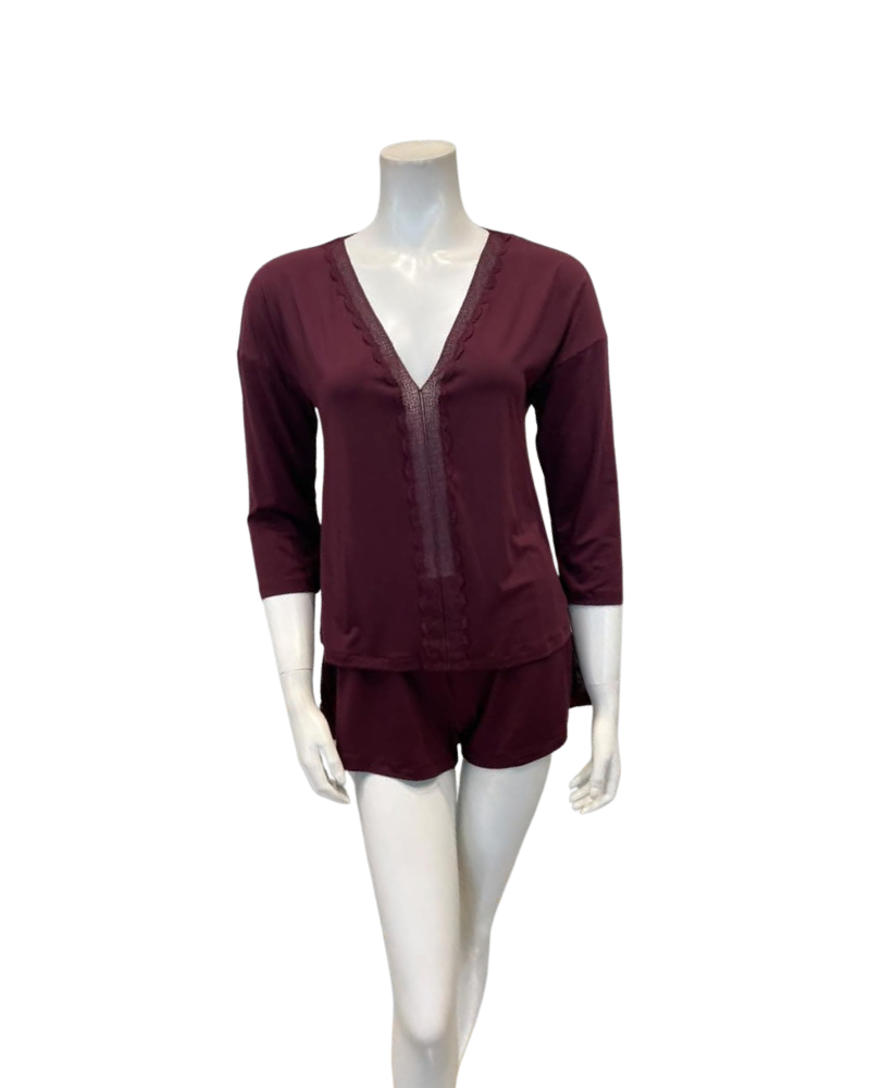 Oh! Zuza Maroon V Neck Lace Modal 3/4 Sleeve & Shorts Pajamas Set