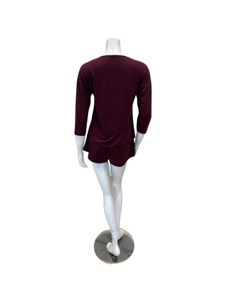 Oh! Zuza Maroon V Neck Lace Modal 3/4 Sleeve & Shorts Pajamas Set