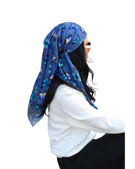 Tal New York Deep Blue Butterfly Open Back Pre-Tied Bandanna with Velvet Grip