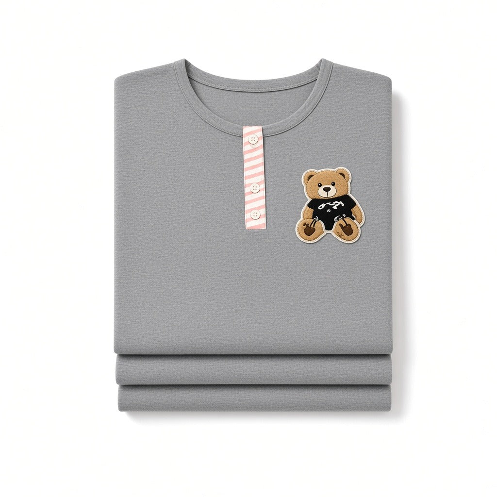 Folded Angelice Grey Teddy with Striped Placket Modal Pajamas Set