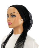 VT2390-25 Black Hairpine Lace Versatile Style Long Tails Open Back Pre-Tied Bandanna