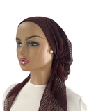 IT2390-25 Burgundy Hairpin Lace Israeli Style Long Tails Pre-Tied Bandanna