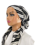 IT2488-25 Black/White Crochet Waves Israeli Style Long Tails Pre-Tied Bandanna