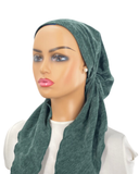 IT2396-25 Frosty Green Melange Velvet Israeli Style Long Tails Pre-Tied Bandanna