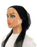 IT2390-25 Black Hairpin Lace Israeli Style Long Tails Pre-Tied Bandanna