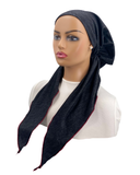 IT2358-24 Black with Ruby Stitching Denim Tichel Israeli Style Long Tails Pre-Tied Bandanna