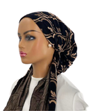 IT2399-25 Black/Gold Morning Glory Israeli Style Long Tails Pre-Tied Bandanna