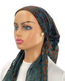 IT2385-25 Teal Brown Flocked Fleur Israeli Style Long Tails Pre-Tied Bandanna