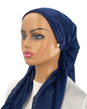 IT2413-25 Navy Chevron Sheen Israeli Style Long Tails Pre-Tied Bandanna