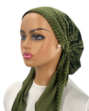 IT2414-25 Olive Velvet Stripes Israeli Style Long Tails Pre-Tied Bandanna