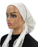 VT2390-25 White Hairpin Lace Versatile Style Long Tails Open Back Pre-Tied Bandanna