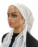 IT2395-25 White Lined Crepe Israeli Style Long Tails Pre-Tied Bandanna