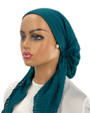 Ahead Teal Pucker Gingham Versatile Style Long Tails Open Back Pre-Tied Bandanna