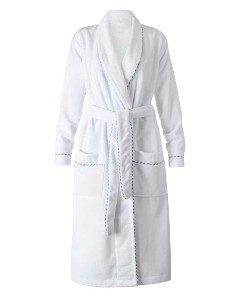 Calida 61302 #001 White with Light Blue Trim Cotton Blend Luxury Bath Robe Myselflingerie.com