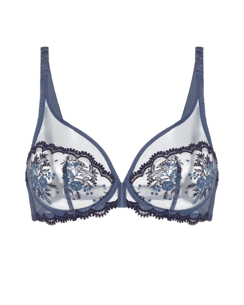Simone Perele 1E2319 Cinder Blue Intrigue Sheer Plunge Underwire Bra Myselflingerie.com