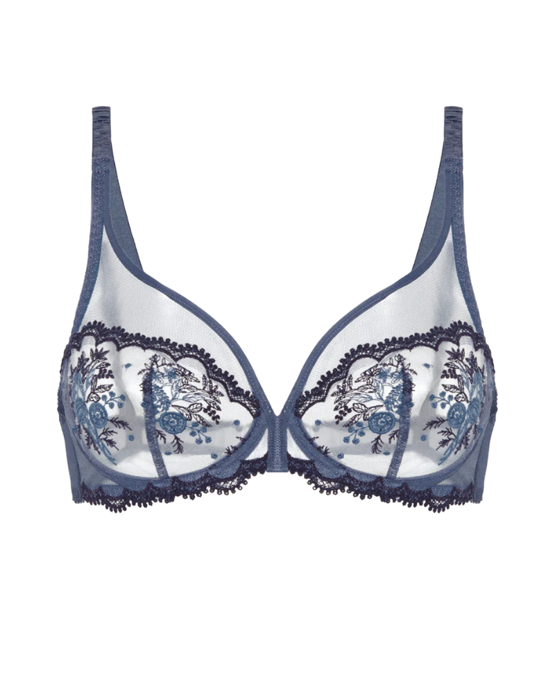 Simone Perele 1E2319 Cinder Blue Intrigue Sheer Plunge Underwire Bra Myselflingerie.com