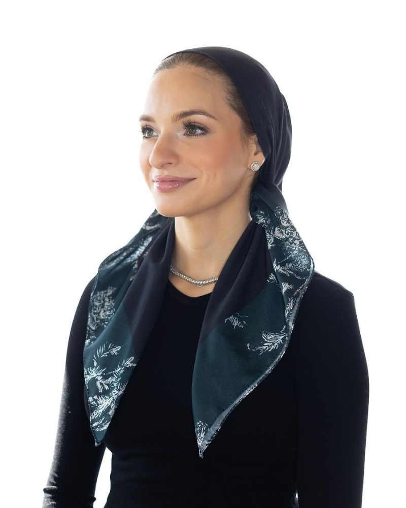 Tie Ur Knot Black with Forest Green Toile Border Square Scarf Myselflingerie.com