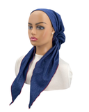 IT2358-24 Denim with Ruby Stitching Denim Tichel Israeli Style Long Tails Pre-Tied Bandanna