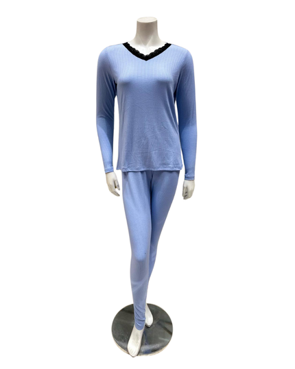 Jackie O'Loungewear L/S-PJS-SKY-S25 Sky Blue Ribbed V Neck Modal Pajamas Set Myselflingerie.com