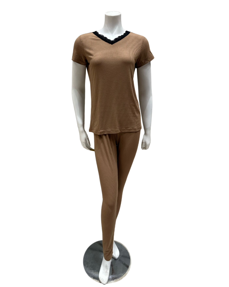 Jackie O'Loungewear S/S-PJS-TN-S25 Tan Short Sleeve Ribbed Modal V Neck Pajamas Set Myselflingerie.com