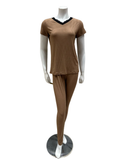 Jackie O'Loungewear S/S-PJS-TN-S25 Tan Short Sleeve Ribbed Modal V Neck Pajamas Set Myselflingerie.com