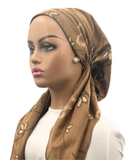 IT2568-25 Tan Doodled Denim Israeli Style Long Tails Pre-Tied Bandanna