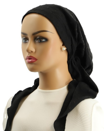 Ahead Black Speckled Applique Versatile Style Long Tails Open Back Pre-Tied Bandanna