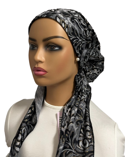 VT2527 Black Ornate Vintage Versatile Style Long Tails Open Back Pre-Tied Bandanna