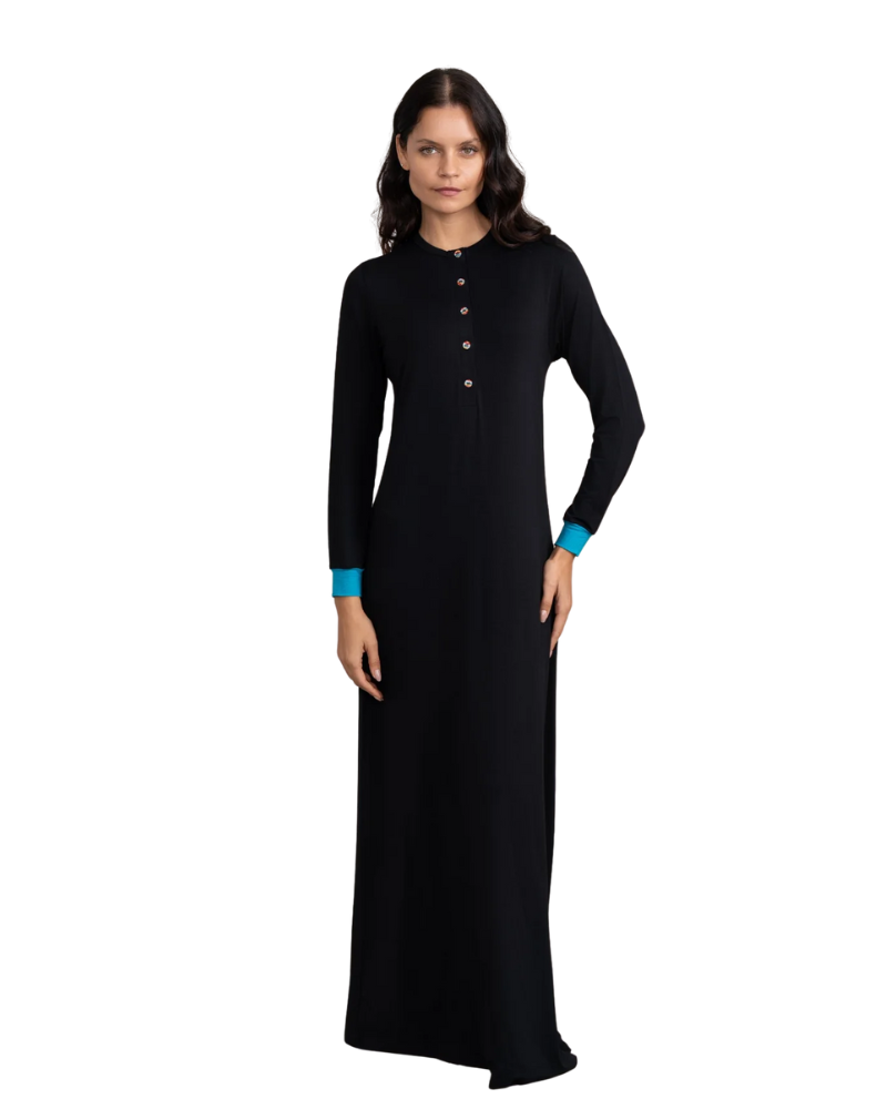 Ellwi 1215 Colored Trim Black Button Down Cotton Nightgown Myselflingerie.com