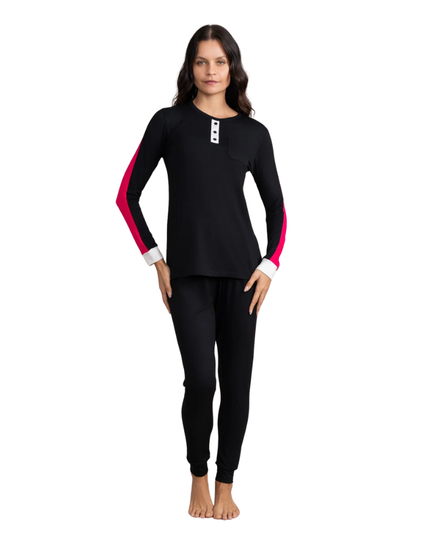 Ellwi 1216-PJ Color Block Black Cotton Pajamas Set Myselflingerie.com