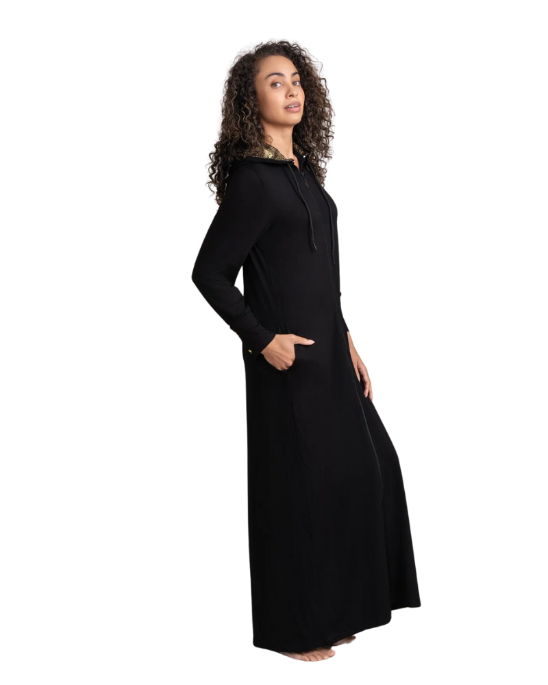 Ellwi 1219 Gold Printed Hood Zippered Morning Robe Myselflingerie.com