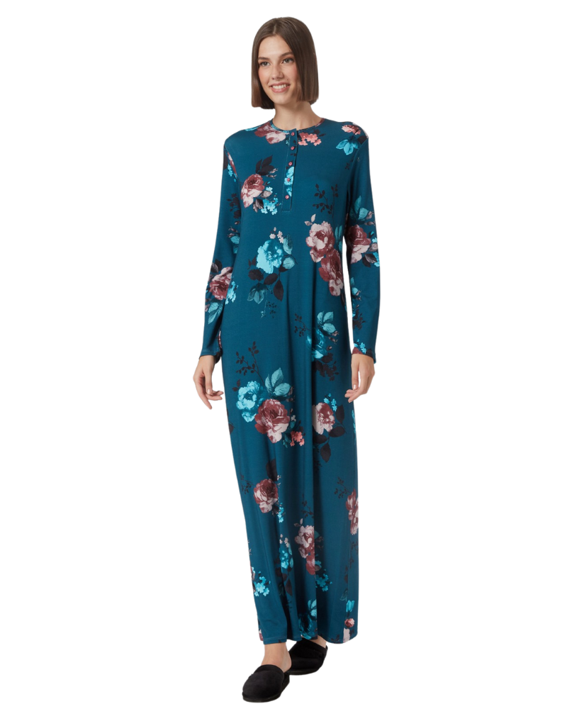 Pen-ky 11954 Blue Floral Print Button Down Modal Nightgown Myselflingerie.com