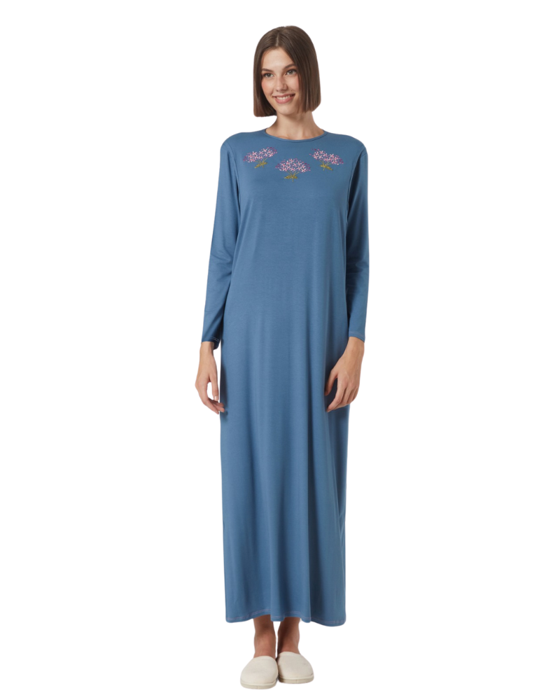 Pen-ky 11915 Dusty Blue Flower Bouquet Cotton Blend Coverall Nursing Nightgown Myselflingerie.com