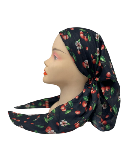 It's Younique OB-CH-BLK Black Cherries Print Pre-Tied Open Back Bandanna with Velvet Grip Myselflingerie.com