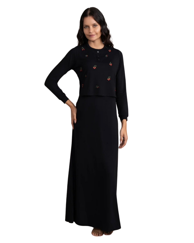 Ellwi 1213 Floral Embroidery Black Cotton Nursing Nightgown Myselflingerie.com