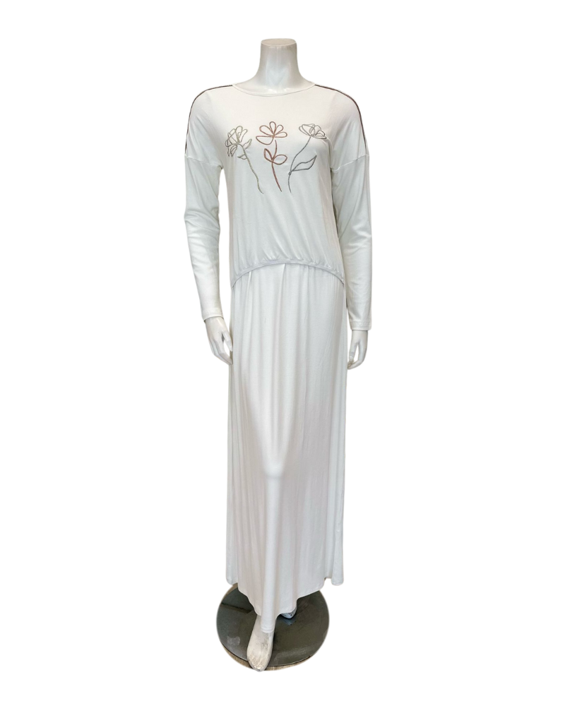 Mega Dreams 357736 White Ribbed Tri Color Embroidered Flowers Modal Nursing Nightgown Myselflingerie.com