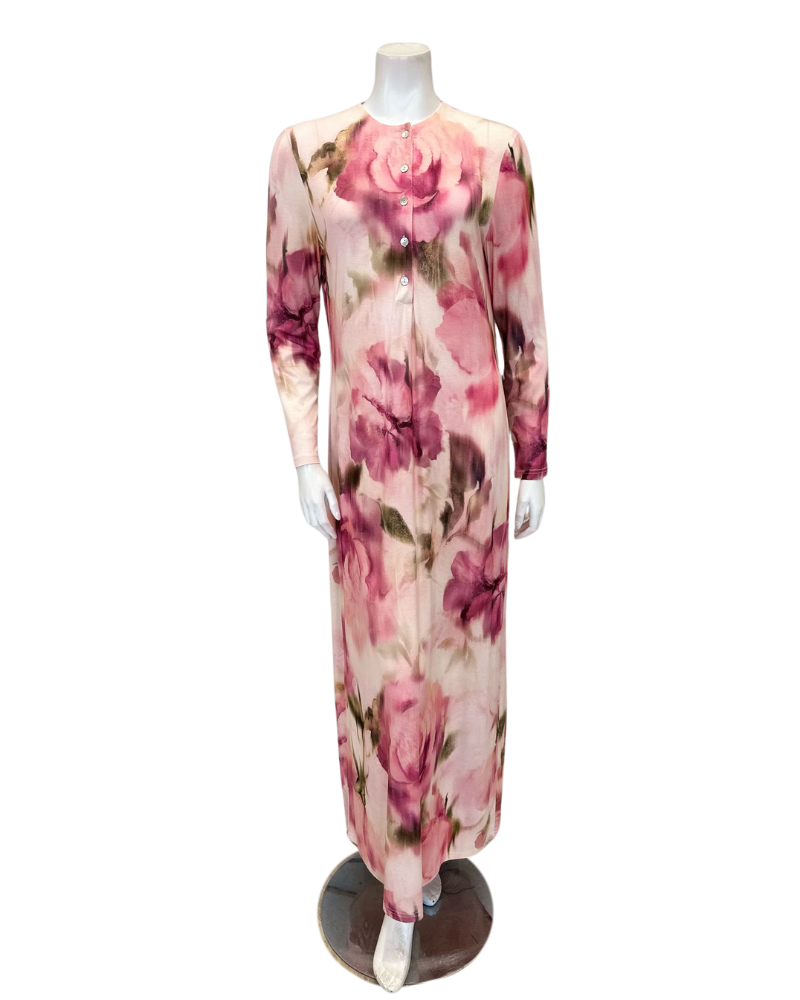 Simondona S6269 Pink Watercolor Floral Print Button Down Modal Nightgown Myselflingerie.com