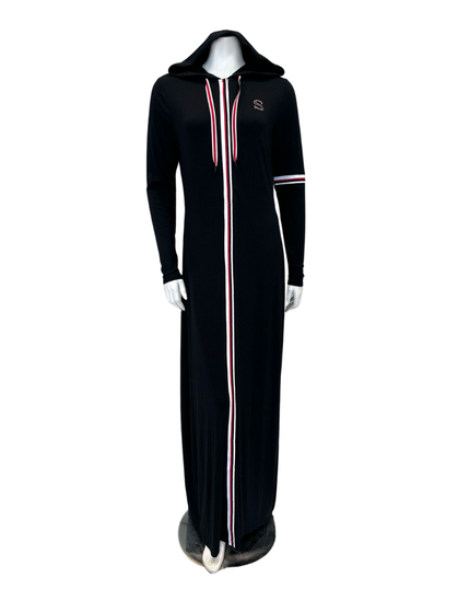 Sparrow C-7412 Black Colored Striped Sleeve Zippered Black Jersey  Hooded Lounger Morning Robe Myselflingerie.com