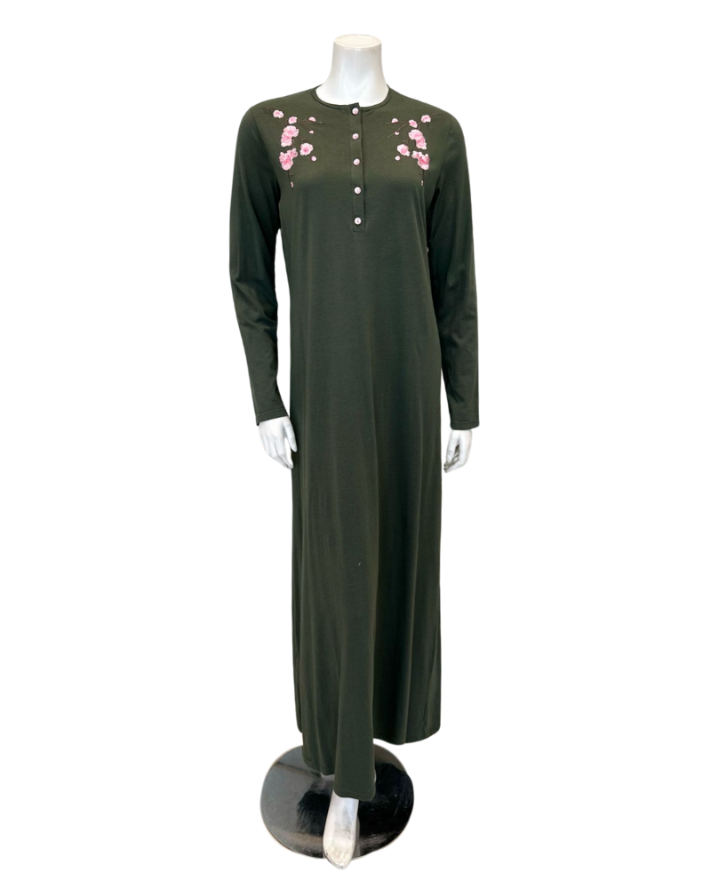 Pen-ky 11953 Green Cherry Blossom Button Down Cotton Blend Nightgown Myselflingerie.com