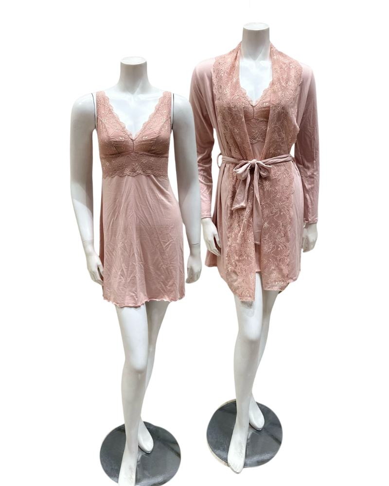 Samantha Chang SC222216-8016-VP Pink Sand Lace Vanilla Modal Chemise & Robe Set Myselflingerie.com