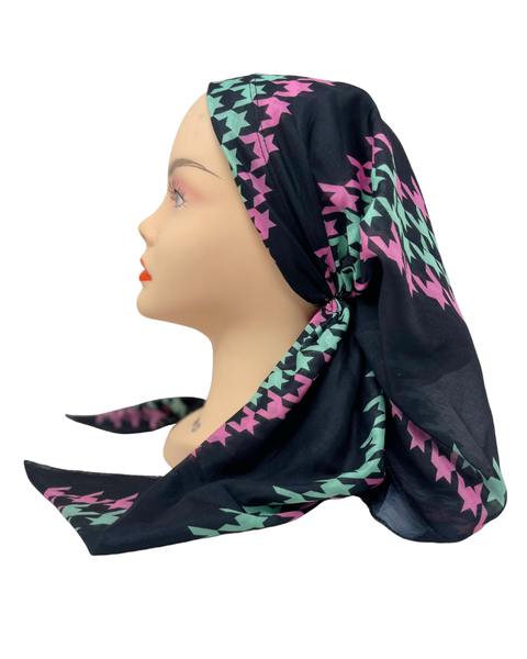 It's Younique OB-HOU-GNPK Green and Pink Houndstooth Pre-Tied Open Back Bandanna with Velvet Grip Myselflingerie.com