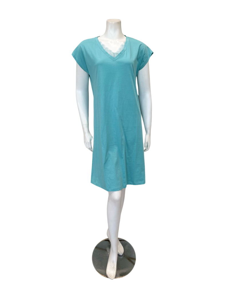 Iora Lingerie 25114 Wedgewood Blue V Lace Trim Cap Sleeve 100% Organic Cotton Nightshirt Myselflingerie.com