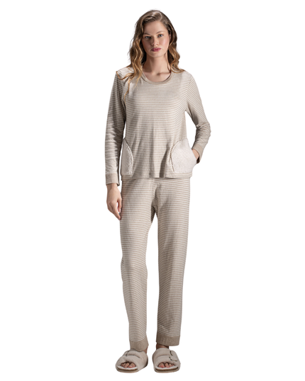 Iora Lingerie Beige/White Striped Sherpa Pockets 100% Cotton Pajamas Set