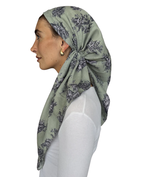Scarf Bar Olive Chateau Toile Open Back Adjustable Pre-Tied Bandanna with Velvet Grip Myselflingerie.com